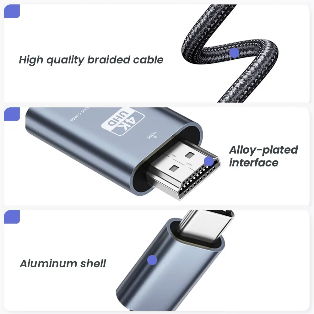 NIERBO Cable USB C a HDMI 6,6 pies 4K @ 60hz Cable trenzado tipo C a HDMI Cable adaptador de ultra alta velocidad para MacBook Pixel iPad Dell - imagen 4