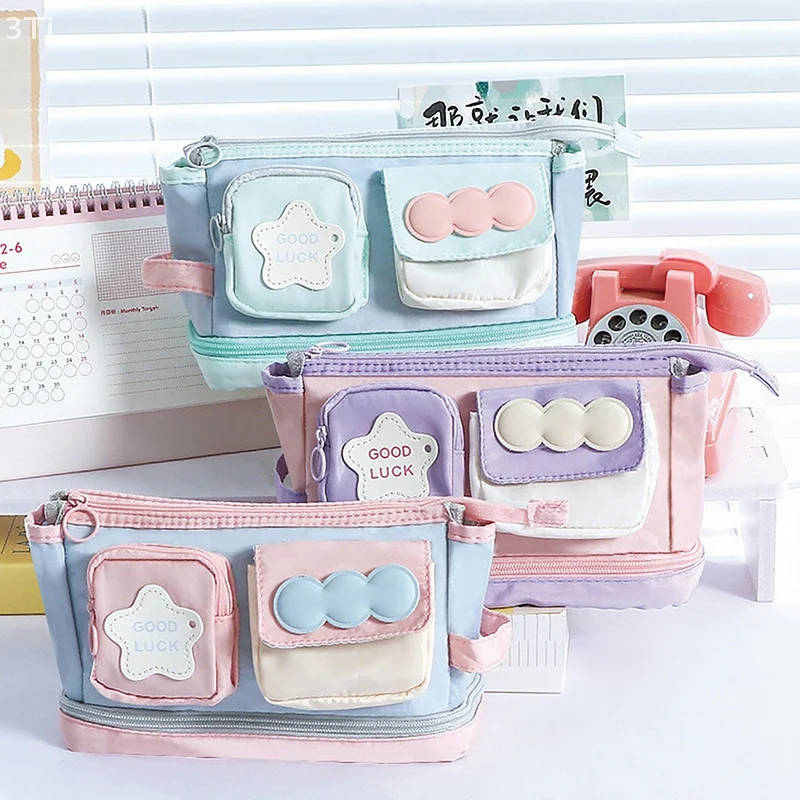 Estuche para lápices Kawaii con bloques de color dopamina, bolsa organizadora de maquillaje estilo Ins de gran capacidad con múltiples compartimentos - imagen 5