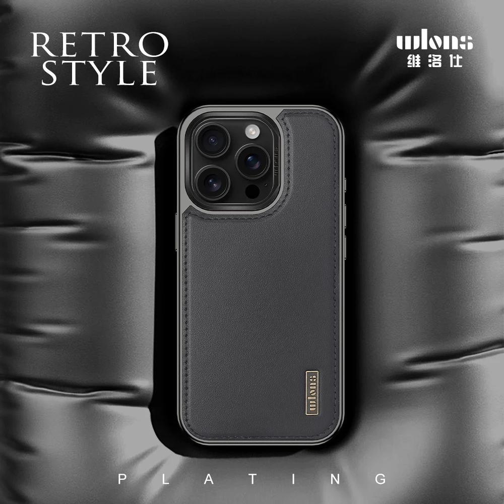 Wlons Defense Series Funda de cuero genuino chapada a prueba de golpes para iPhone 16 15 Pro Max lente soporte de Metal contraportada - imagen 2