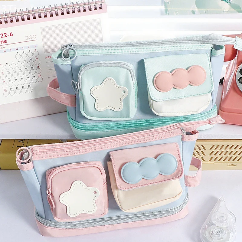 Estuche para lápices Kawaii con bloques de color dopamina, bolsa organizadora de maquillaje estilo Ins de gran capacidad con múltiples compartimentos