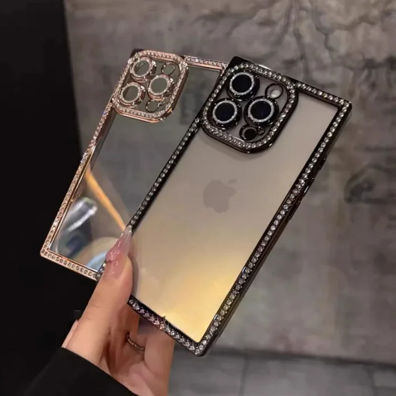 Nueva funda transparente de diamante brillante a la moda para iPhone 16 15 14 13 Pro Max 16 cubierta de parachoques de silicona suave con revestimiento cuadrado de lujo - imagen 2