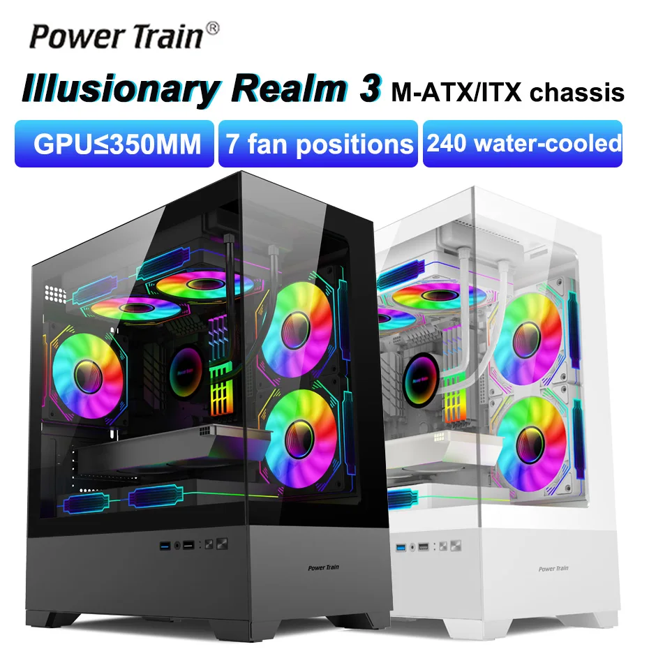 Power Train Illusionary Realm 3 M-ATX Caja de escritorio Soporte 350 mm GPU 240 Enfriador de agua Chasis de computadora transparente lateral