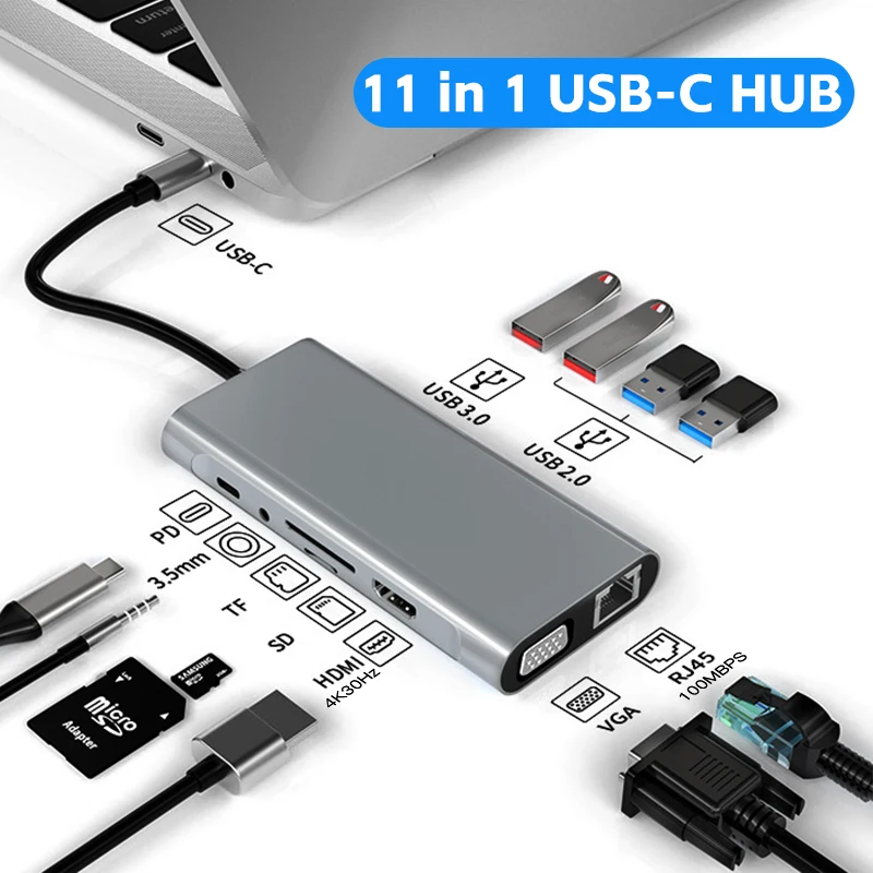 11 en 1 tipo C Hub 4K 30Hz USB C a HDMI compatible con USB 3,1 adaptador convertidor estación de acoplamiento divisor para MacBook Pro Air - imagen 2