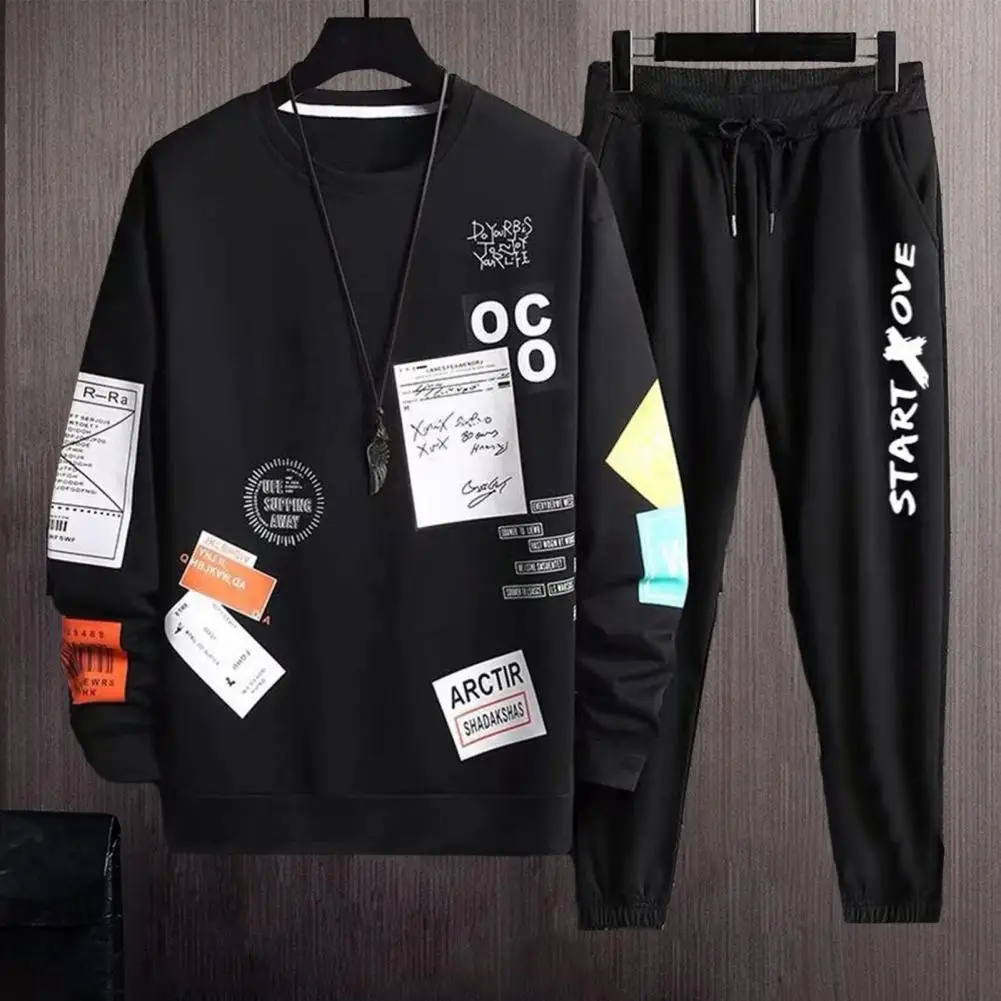 Conjunto de ropa deportiva con cordones ajustables para hombre, sudadera con estampado de letras de Hip Hop, pantalones con cordón, cintura elástica, otoño - imagen 2