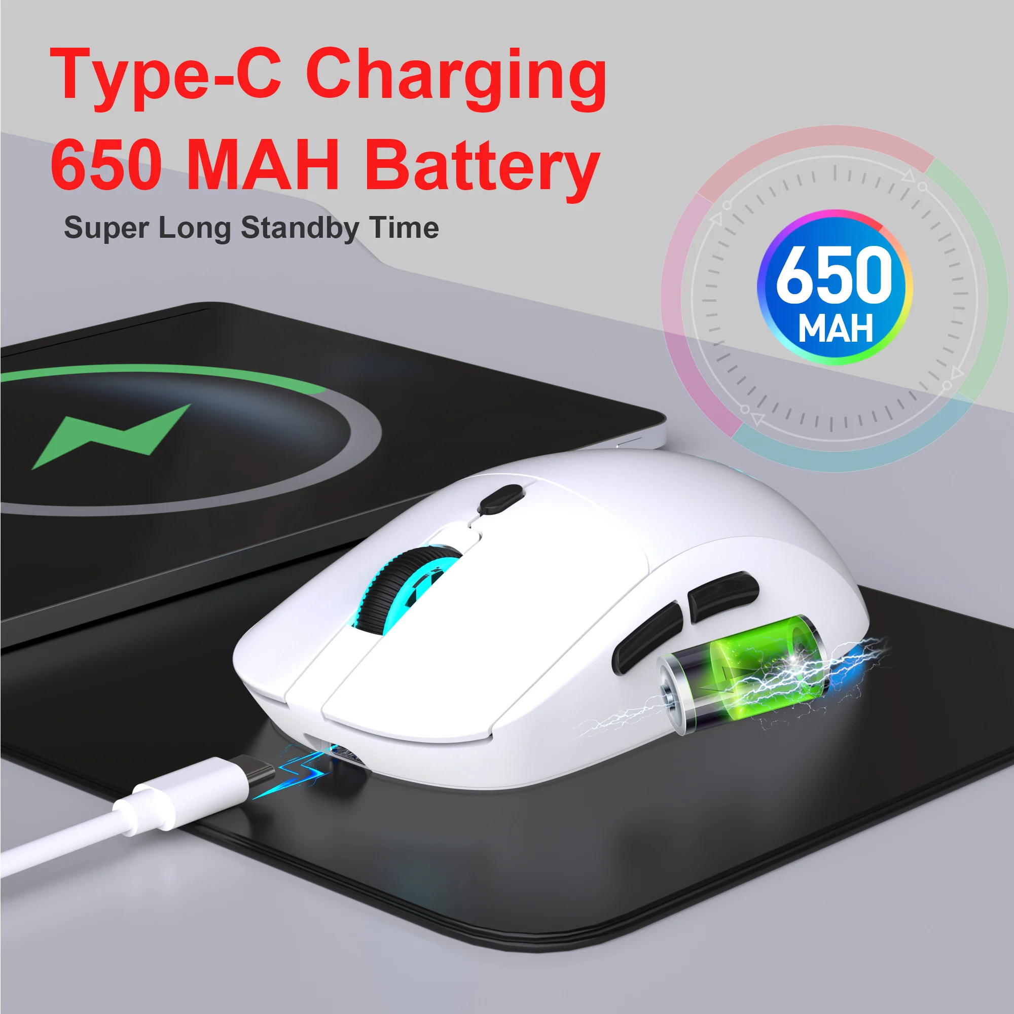 Ratón inalámbrico recargable por USB, Mouse ajustable de 2,4G, 3600dpi, 7 colores RGB, cómodo, para el hogar, oficina, ordenador portátil, Gamer - imagen 5