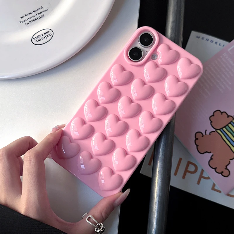 Funda de teléfono femenina bonita con forma de corazón Pop de burbujas 3D rosa para iPhone 17 Air 16 15 14 Plus 13 12 11 Pro Max Funda trasera de silicona suave - imagen 5