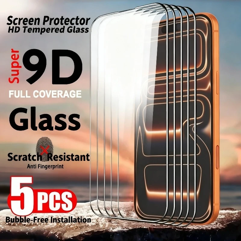 5 protectores de pantalla de vidrio templado de pantalla completa para Iphone 17 16 15 14 13 12 11 Pro Max 16 15 14 Plus 13 12 Mini XR XS Glass
