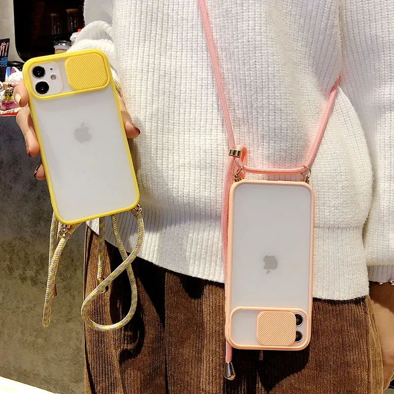 Funda de teléfono con correa de protección para lente de cámara, carcasa suave con cordón para iPhone 15, 14, 13, 12, 11Pro Max, 8, 7Plus, XR, X, XS, Max, SE, novedad