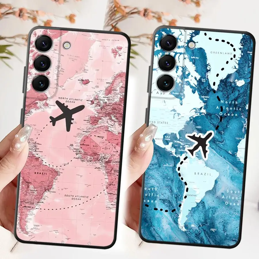 Funda de teléfono suave negra con mapa de avión para Samsung Galaxy A32 A24 A55 A41 A35 A22 A52 A26 A72 A51 A73 A36 A25 A71 A23 A53