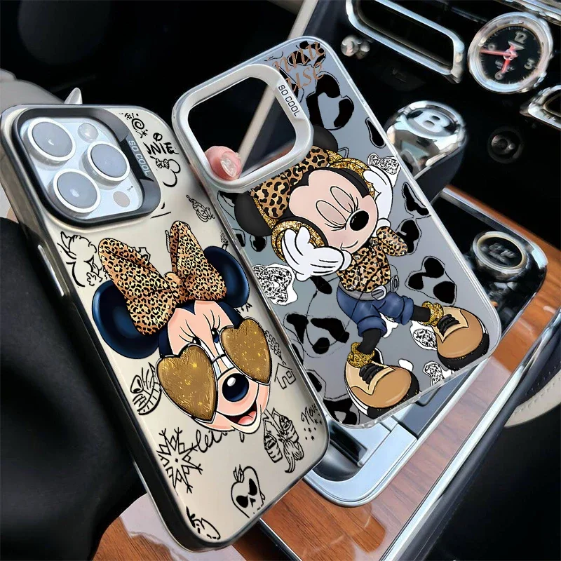 Funda galvanizada Minnie con estampado de leopardo de dibujos animados para Iphone 17 16e 16 15 14 13 12 11 Pro Max Plus 17 Air, funda de lujo a prueba de golpes - imagen 3
