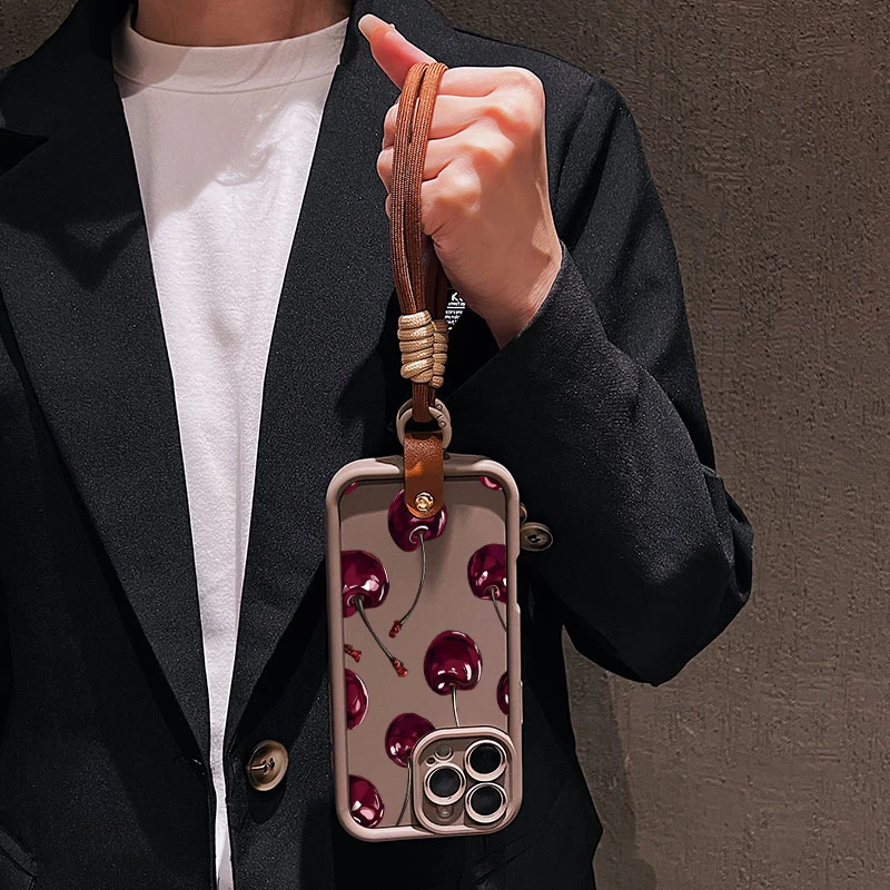 Bonita funda de teléfono con correa y cordón con estampado de cereza para iPhone 11 12 13 14 15 16 17 Pro Max 16E XS X XR 7 8 Plus, funda suave de silicona - imagen 2