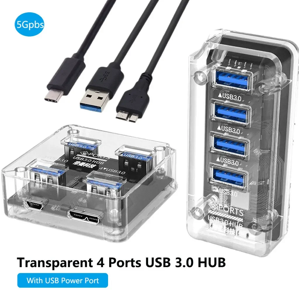 Concentrador de USB-A transparente Hub USB C 3 0, divisor de transmisión de datos USB, carga para teléfono móvil, PC, portátil, Macbook, ordenador y tabletas