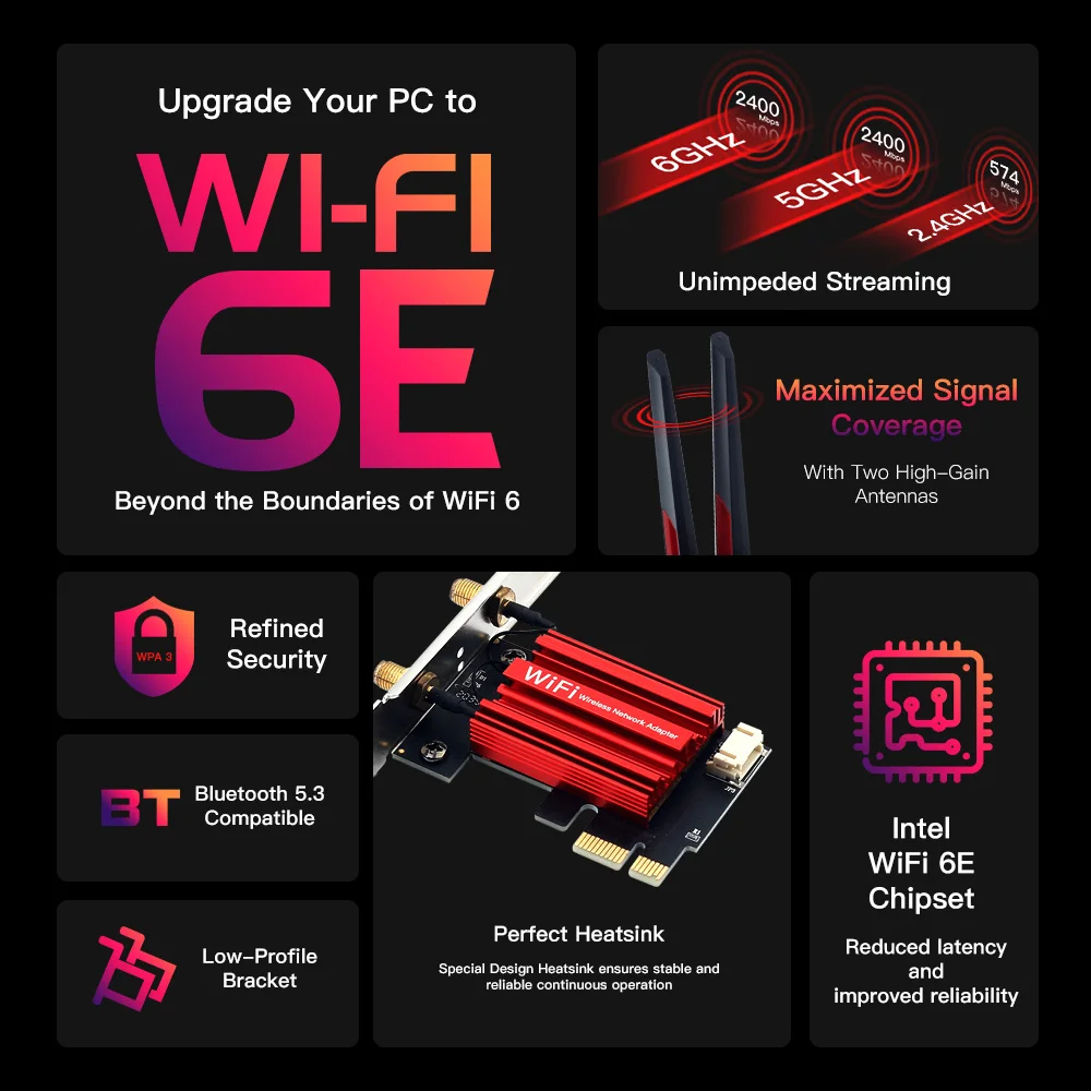 Adaptador PCIE inalámbrico WiFi 6E AX210 5374Mbps, triple banda 2,4G/5G/6Ghz para tarjeta de red Bluetooth 5,3 para PC, Windows 10/11 - imagen 2