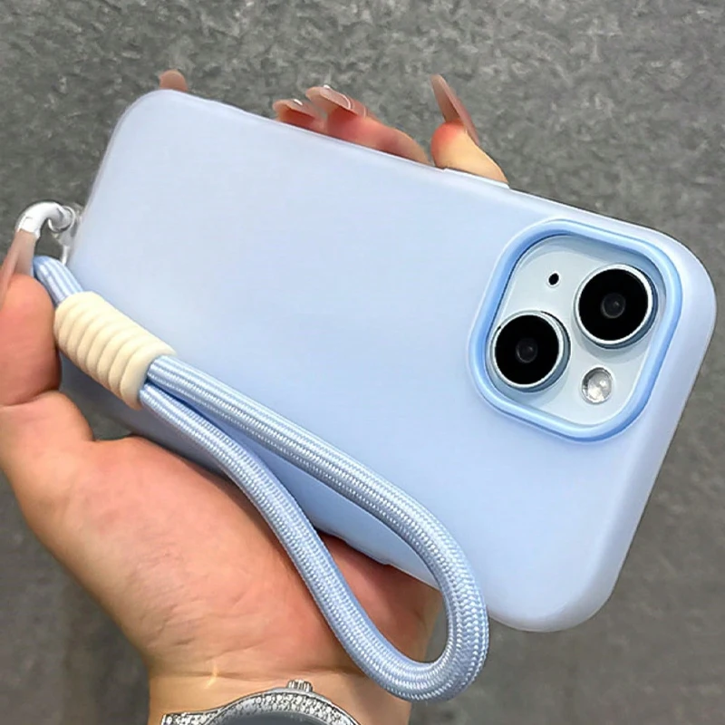 Funda de teléfono con correa para muñeca mate de Color caramelo para iPhone 17 16 Pro Max 15 14 13 12 11 Pro Plus, funda suave a prueba de golpes con cordón colorido - imagen 5