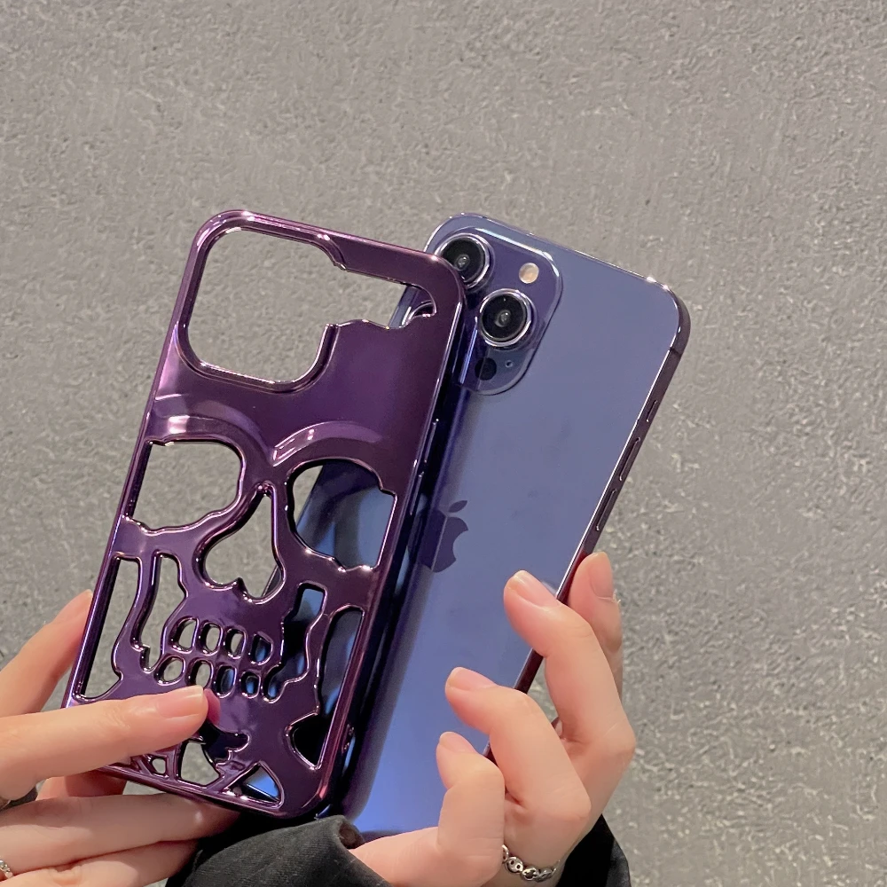 Funda de teléfono de lujo con calavera y esqueleto para iPhone 16 15 Pro Max 11 12 13 14, funda protectora completa hueca con revestimiento mate a prueba de golpes - imagen 3