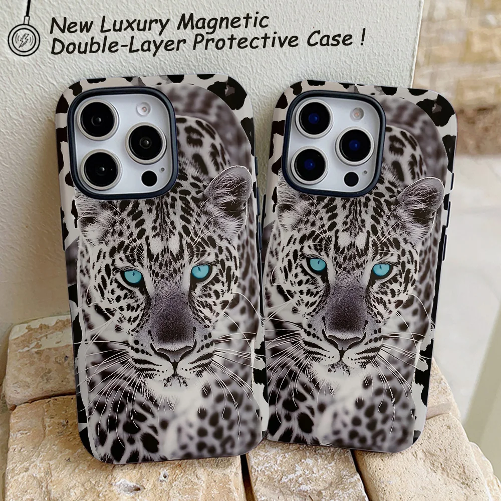 Funda de teléfono con estampado de leopardo y nieve para iPhone 16, 15, 14, 13, 12, 11 Pro Max Plus, funda trasera magnética de lujo de doble capa - imagen 5