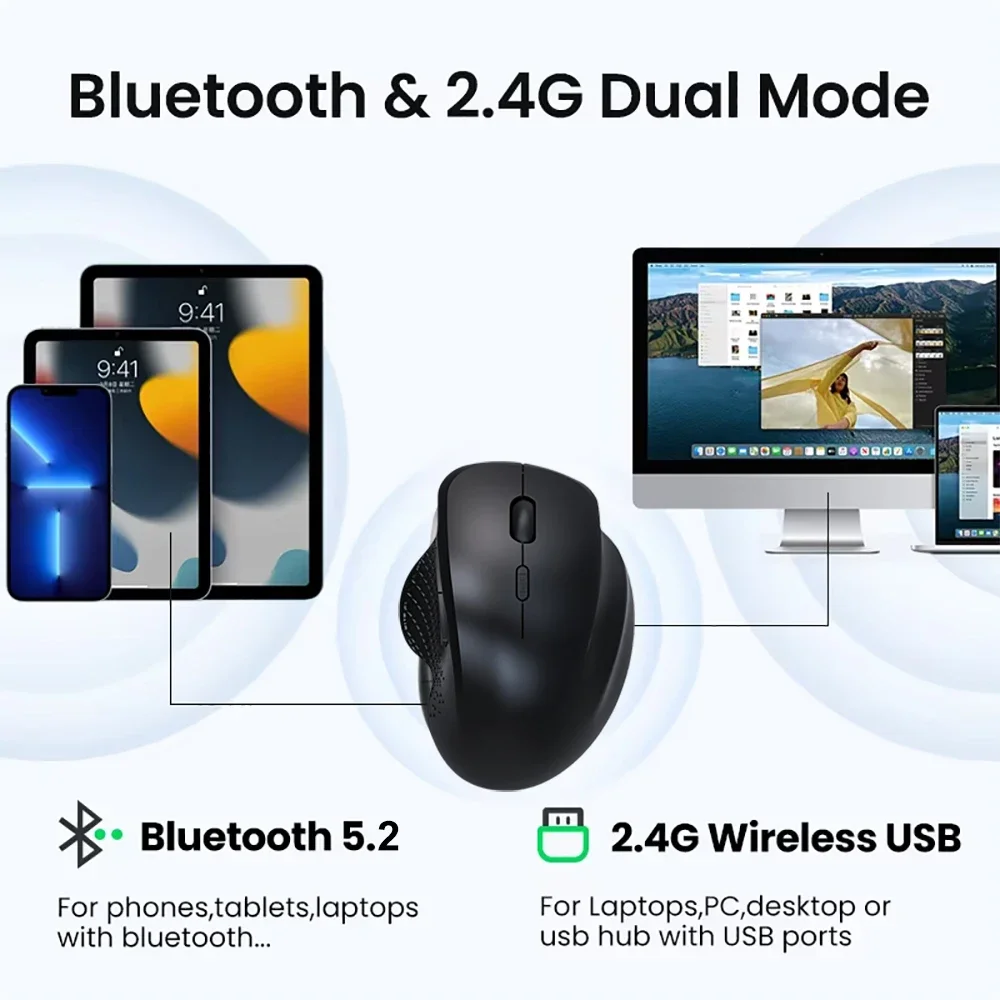 Ratón inalámbrico Bluetooth 5,2 de modo Dual, 2,4G, 6 teclas, ratón óptico recargable para juegos, ratón óptico de 1600DPI para PC, portátil y tableta - imagen 3