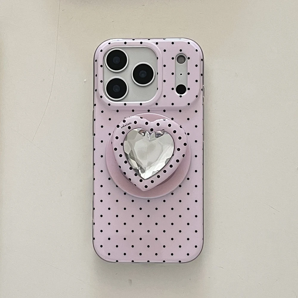 Funda de teléfono con carga inalámbrica magnética de lunares, color rosa, blanco y negro, corazón bonito en 3D, para iPhone 17 16 15 14 Pro Max, funda Magsafe - imagen 2