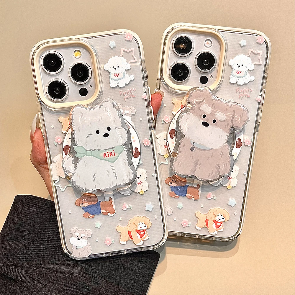 Lindo soporte magnético de Corea Tok dibujos animados cachorros animales fundas de teléfono para IPhone 16 15 14 13 Pro Max encantador perro funda trasera suave - imagen 2