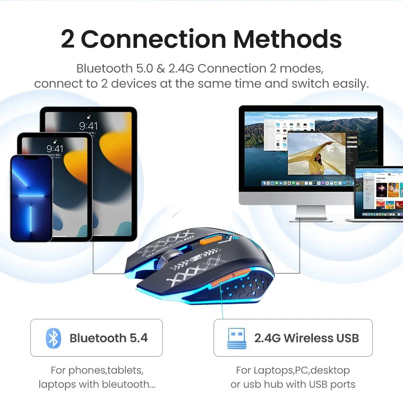 Ratón inalámbrico Bluetooth de modo Dual, 2,4G, 6 teclas, retroiluminación, recargable, para juegos, ratón óptico de 1600DPI para PC y portátil - imagen 2