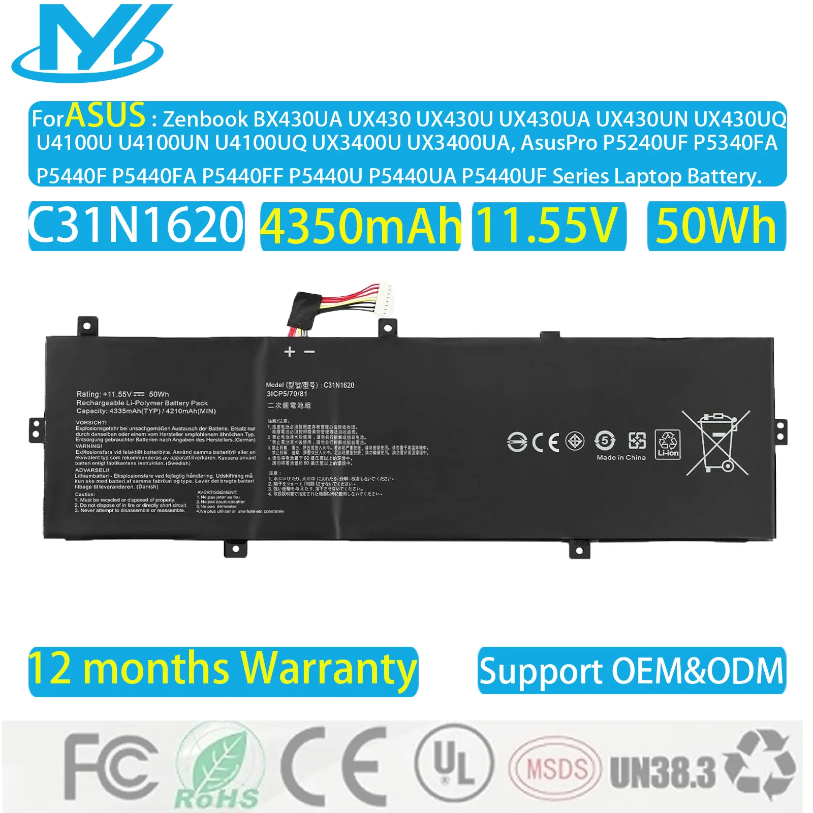 Batería Original C31N1620 para ASUS Zenbook UX430 UX430U UX430UA UX430UN UX430UQ PU404 PU404UF