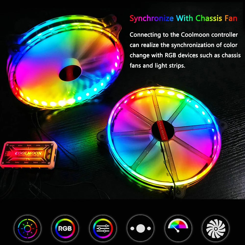 Coolmoon-ventiladores de refrigeración RGB de 20cm y 6 pines, accesorios para carcasa de PC, Enfriador de chasis de ordenador, soporte de Control remoto, disipador térmico de 200mm - imagen 4