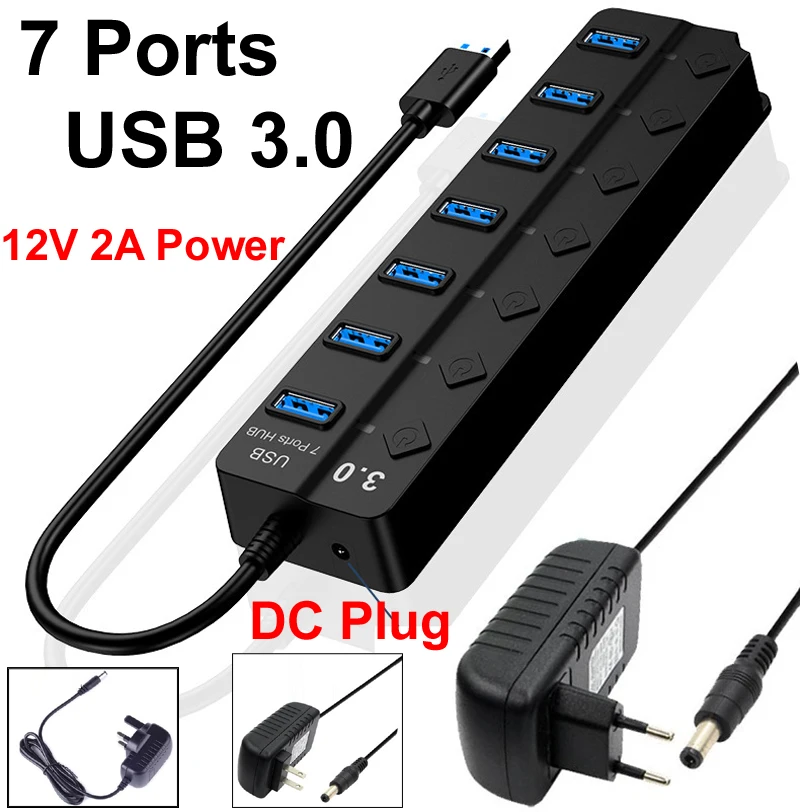Divisor de concentrador USB 3,0 de 4/7 puertos con interruptor indicador de alimentación proporcionado alimentación CC 12V 2A y transmisión de datos de 5Gbps para ratón de ordenador portátil