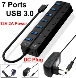 Divisor de concentrador USB 3,0 de 4/7 puertos con interruptor indicador de alimentación proporcionado alimentación CC 12V 2A y transmisión de datos de 5Gbps para ratón de ordenador portátil