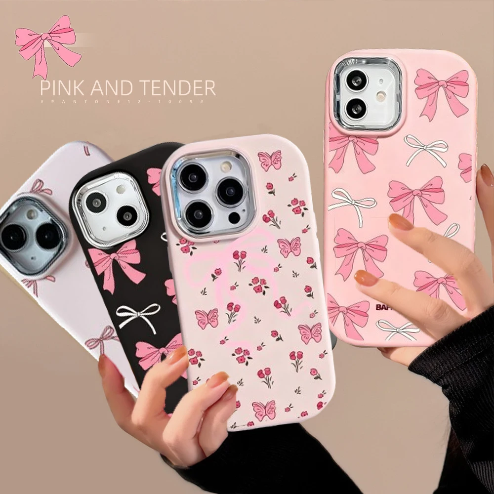Funda coreana con lazo rosa para Samsung Galaxy S25 S24 S23 S22 Ultra Plus S24 Fe A07 A17 A56 A36 A35 A16 A15 funda protectora completa