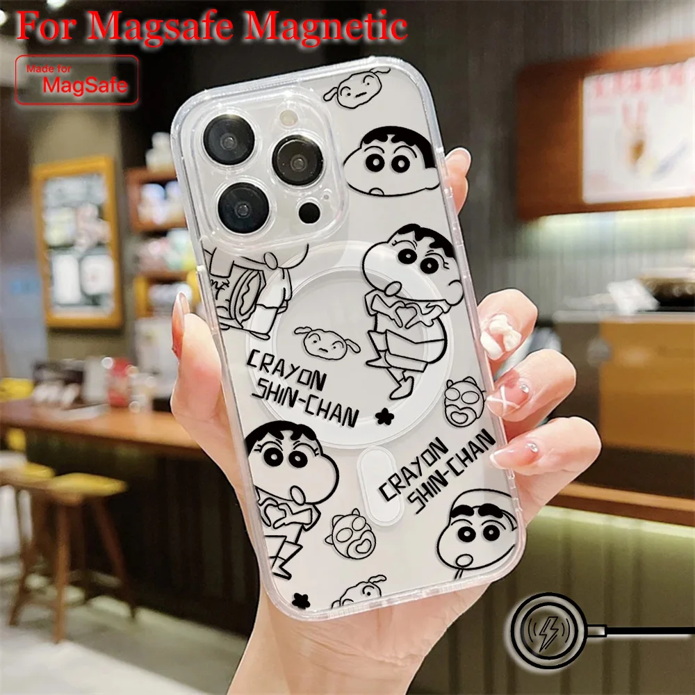 Funda de teléfono magnética Magsafe con crayones de Anime Shin-chans para iPhone 16 15 14 13 12 11 8 Plus Pro Max X XR XSMax, funda de Tpu transparente suave - imagen 4