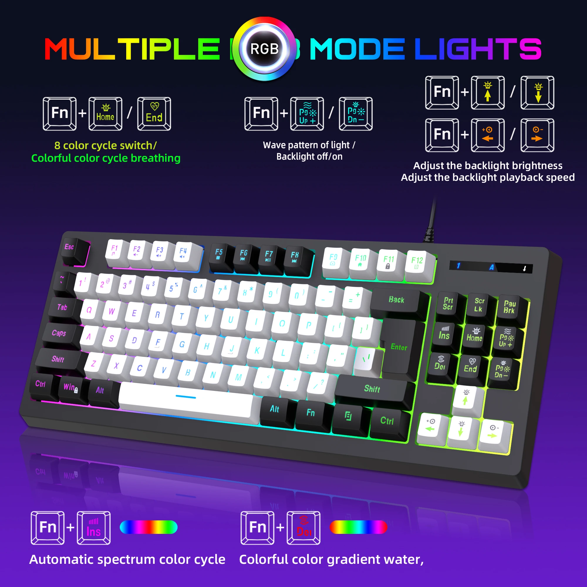 Teclado con cable de 87 teclas, retroiluminado RGB, funciones Multimedia para juegos, moldeo por inyección de doble color para PC, portátiles y jugadores - imagen 4