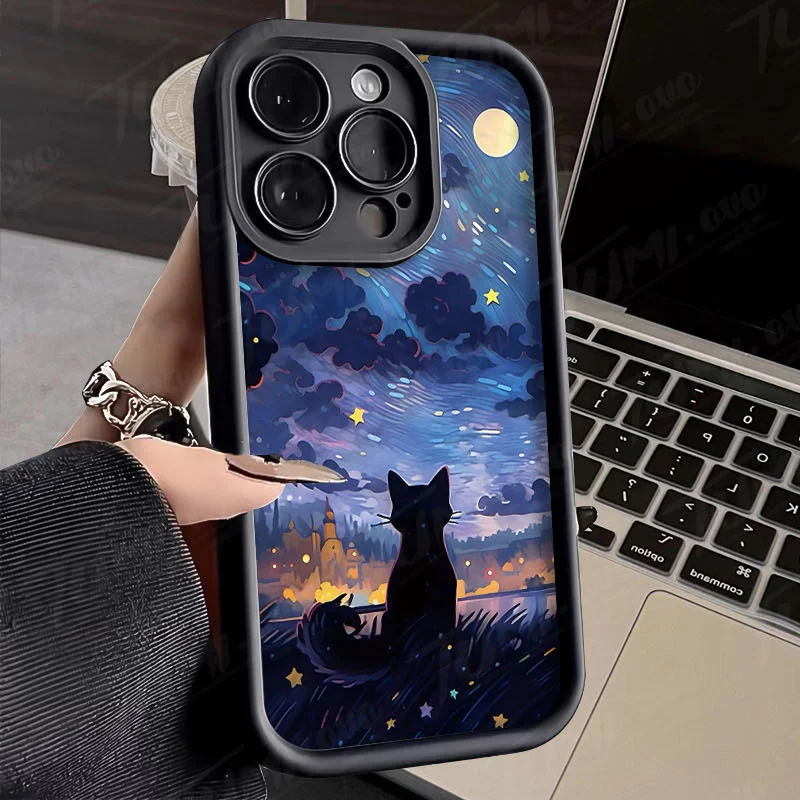 Funda de teléfono de silicona con diseño de gato negro y cielo estrellado para Xiaomi Redmi Note 13, 12, 11 Pro Plus, 12S, 11S, 10S, 9, 9S, 8, 12C, 13C, cubierta trasera mate - imagen 5