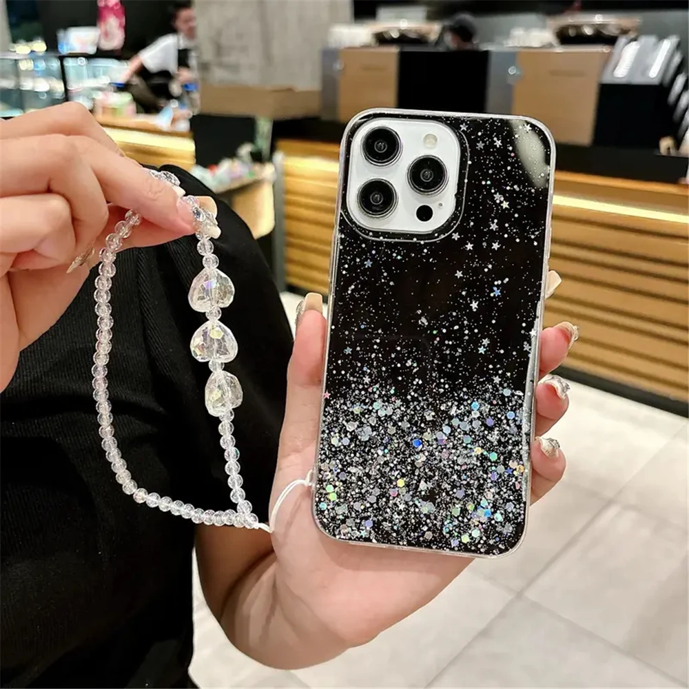 Funda de teléfono P30lite de lujo con purpurina ostentosa para Huawei P30 Lite P20 P40 Pro Y7 2019, funda de silicona suave con pulsera de corazón de amor 3D - imagen 3