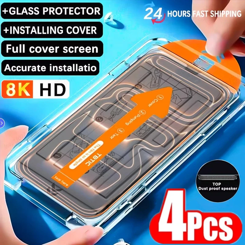 Protector de pantalla de instalación sin polvo, 4 Uds., para IPhone 14 11 12 13 15 16 17 Pro Max Mini 7 8 14 15 16 Plus XR XS, vidrio templado - imagen 2
