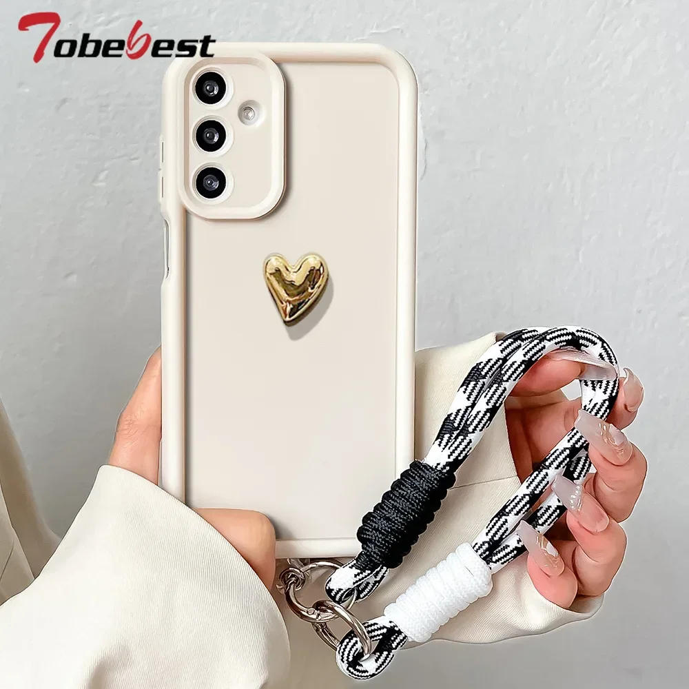 Funda con cordón de muñeca con corazón de amor dorado para Samsung Galaxy A13 A23 A33 A53 A73 A12 A22 A32 A52 A52S A72 4G 5G, funda de silicona - imagen 2