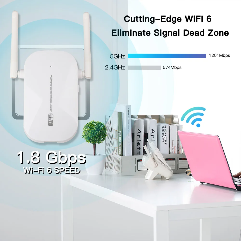 Un enrutador blanco con una planta en maceta y libros detrás