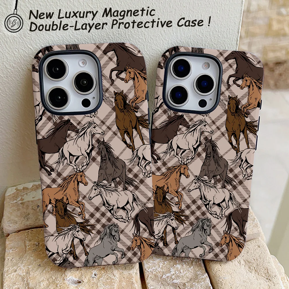 Funda de teléfono con diseño de caballo a cuadros para iPhone 16, 15, 14, 13, 12, 11 Pro Max Plus, funda trasera magnética de lujo de doble capa