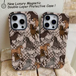 Funda magnética para iPhone 16/15/14/13/12/11, caballo a cuadros