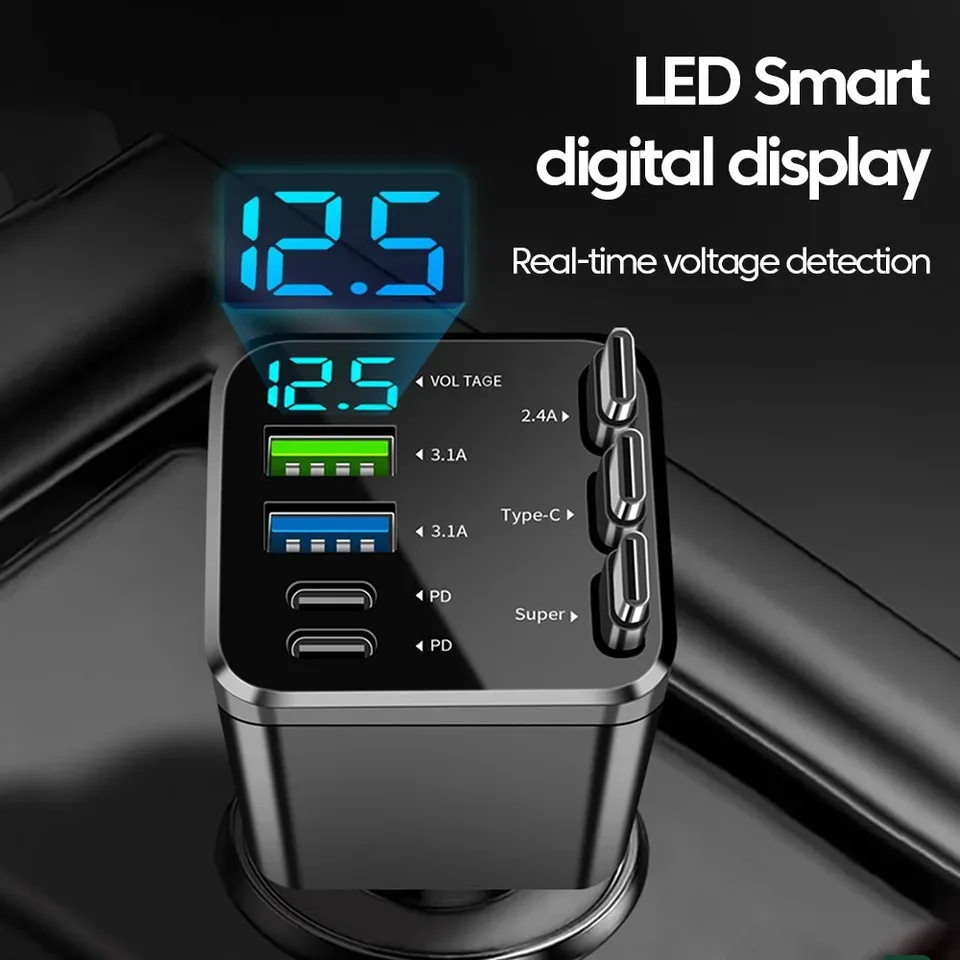 Cargador de coche de 150W PD30W, adaptador de encendedor de cigarrillos de coche, pantalla de voltaje con Cable retráctil, cargador rápido de 22,5 W para IOS y Android - imagen 3