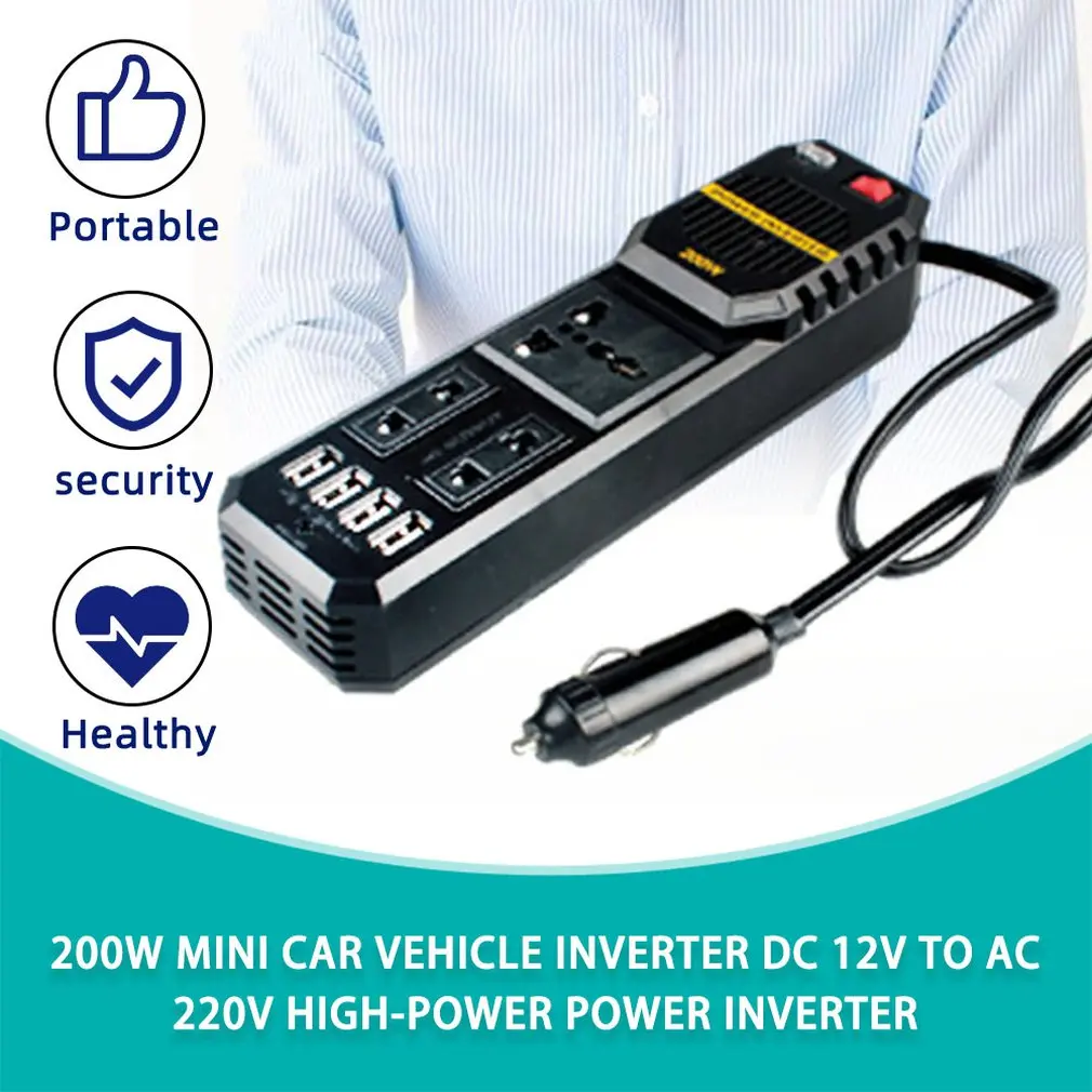 Inversor de corriente portátil para coche, convertidor de cargador, adaptador Universal, accesorios, salida USB, 200W, cc 12V a CA 220V - imagen 3