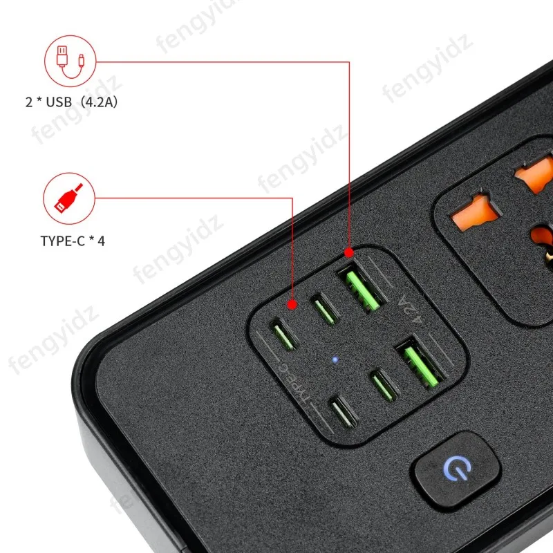 3250W 13A 250V 5 enchufes universales con 4 tipo C y 2USB cable de 2m tira de alimentación de interruptor independiente - imagen 5