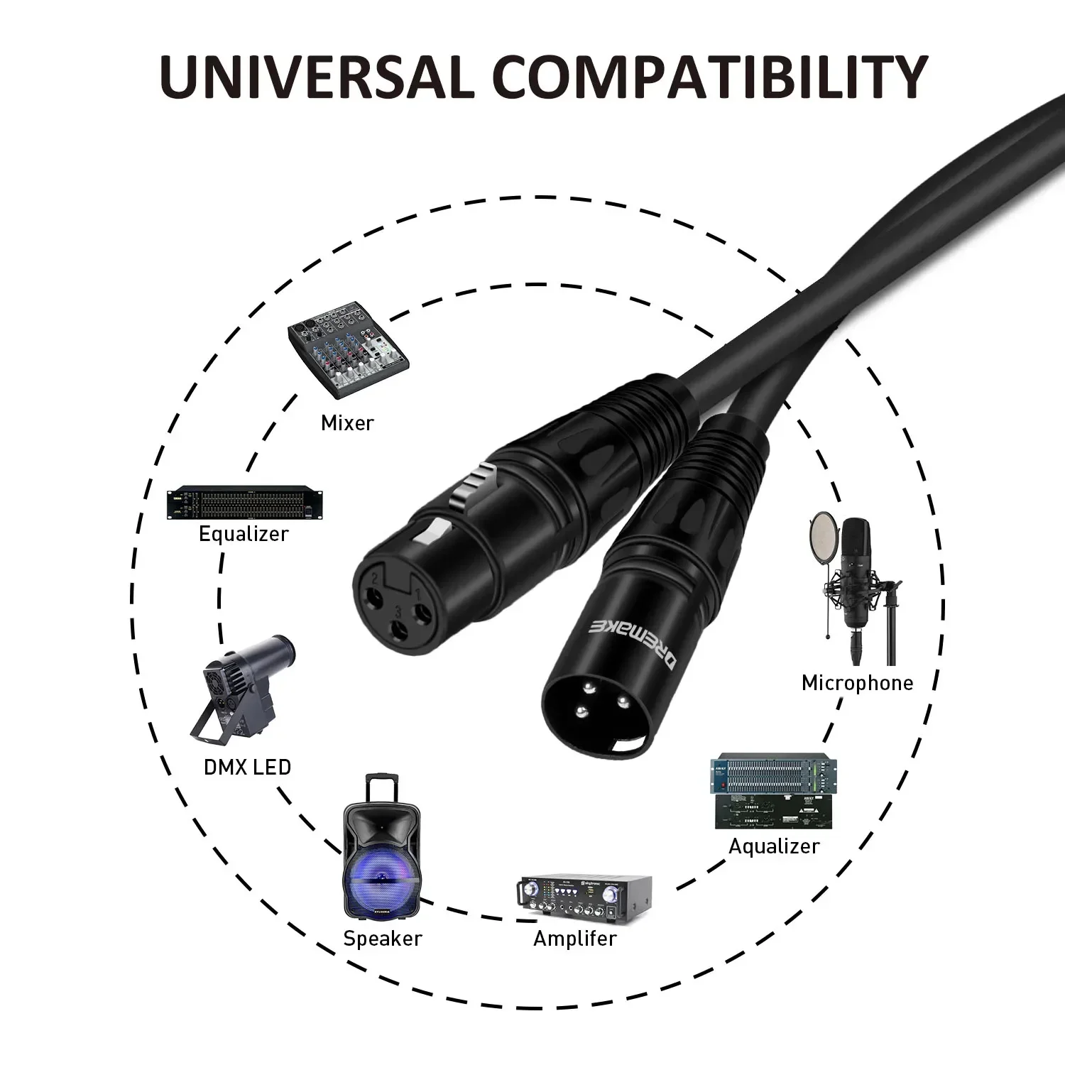 DREMAKE-micrófono XLR macho a hembra de 3 pines, Cable de Audio equilibrado, parche de micrófono XLR para altavoz alimentado, calentador LED DMX - imagen 3