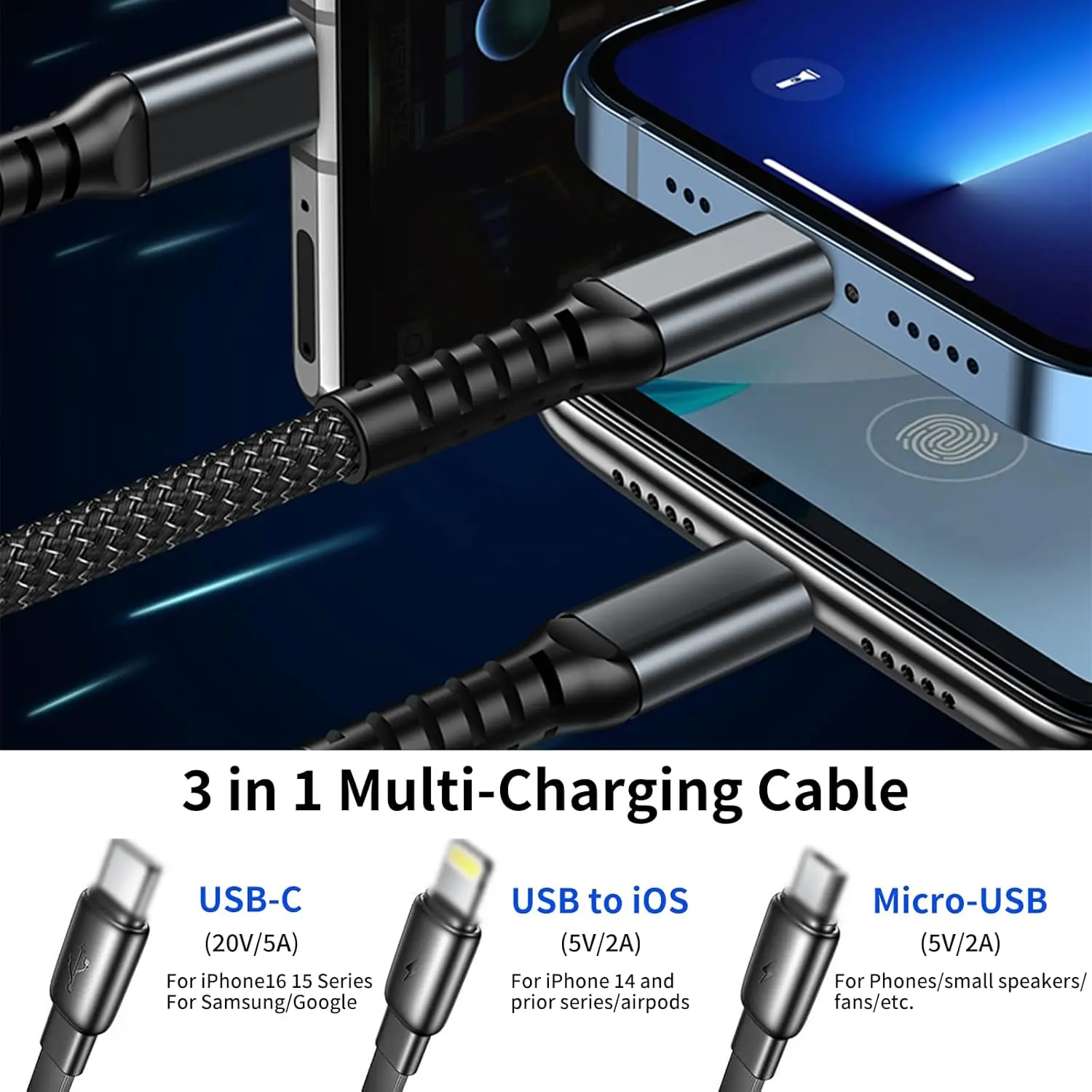 Cable de datos 3 en 1 tipo USB C de carga súper rápida de 100W con luz para IPhone Samsung Xiaomi Huawei cables de carga rápida - imagen 5