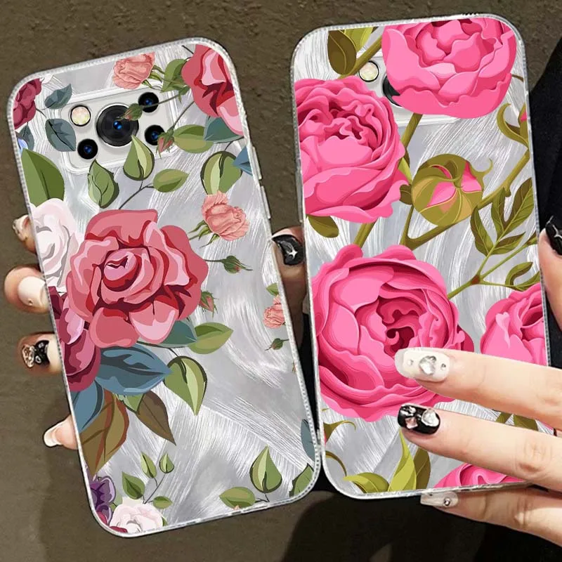 Funda con patrón de rosa para Xiaomi Poco X3 X5 X6 X7 M3 M4 M5S M6 F5 F3 C65 C55 C75 Pro NFC, funda de teléfono con textura de plumas