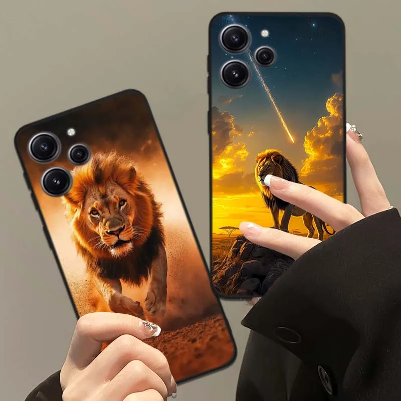 Animal con estampado de León para Redmi 14C 13C 12C 10C 9C 13 12 10 9 9A 8 8A A1 A2 A3 6A 7A 6 7 5G funda de teléfono negra - imagen 2