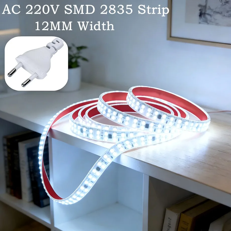 Tira de luces LED SMD 2835 de 12MM 3000K/4000K/6000K AC 220V con enchufe europeo IP68 impermeable 240LEDs/M lámpara de tira suave cortable Flexible