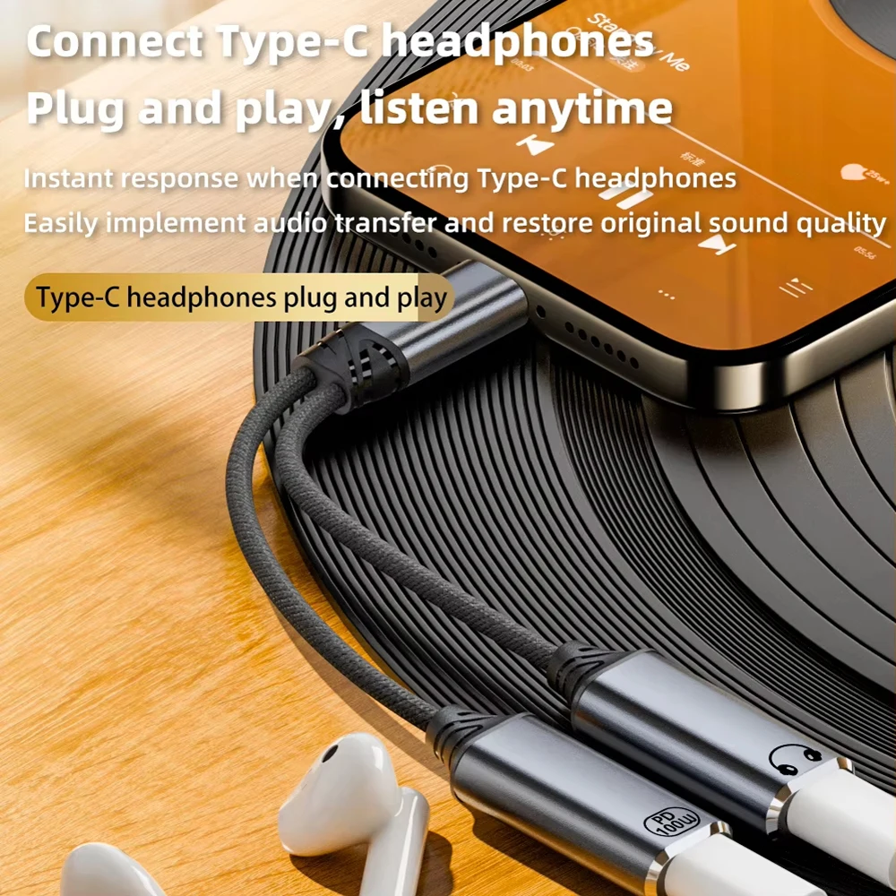 PD100W Cable adaptador de auriculares de carga rápida 2 en 1 USB C divisor tipo C auriculares Jack adaptador de Audio para iPhone 16 15 Samsung - imagen 3
