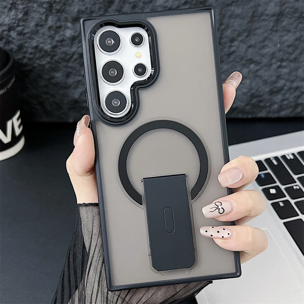 Funda de teléfono con soporte plegable Magsafe, mate, translúcido de lujo, para S25, Samsung, S25, S24, S23Plus, funda trasera de carga Ultra inalámbrica - imagen 2