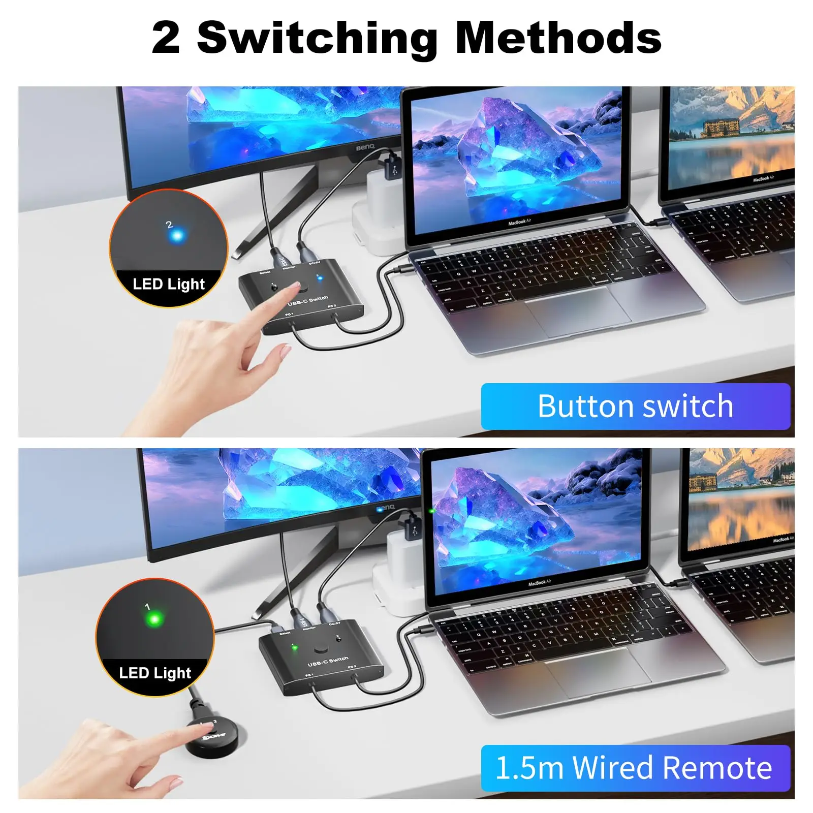 Conmutador USB C 2 en 1 salida, conmutador KVM KCEVE 2 portátiles 1 Monitor 4K @ 120Hz, carga PD 100W/USB 3,1 Gen 2/10Gbps/Control remoto con Cable - imagen 5