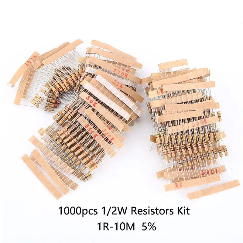 Kit de resistencias de película de carbono para proyectos y experimentos de bricolaje, surtido de resistencias de 1/2W 1R-10M ohm 1000, 5% valores, 100 piezas